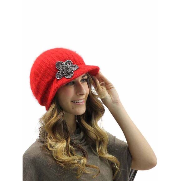 Angora Knit Newsboy Hat With Beaded Flower - Picture 3 of 8